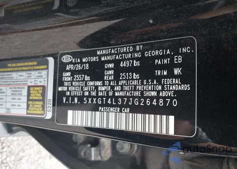 2018 Kia Optima Lx z USA, uszkodzony, nr VIN 5XXGT4L37JG264870